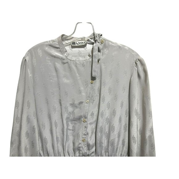 Vintage Lanvin Gray Tonal Silk Shirtwaist Dress Long Sleeve Mandarin Neck Sz 16 - Picture 2 of 6